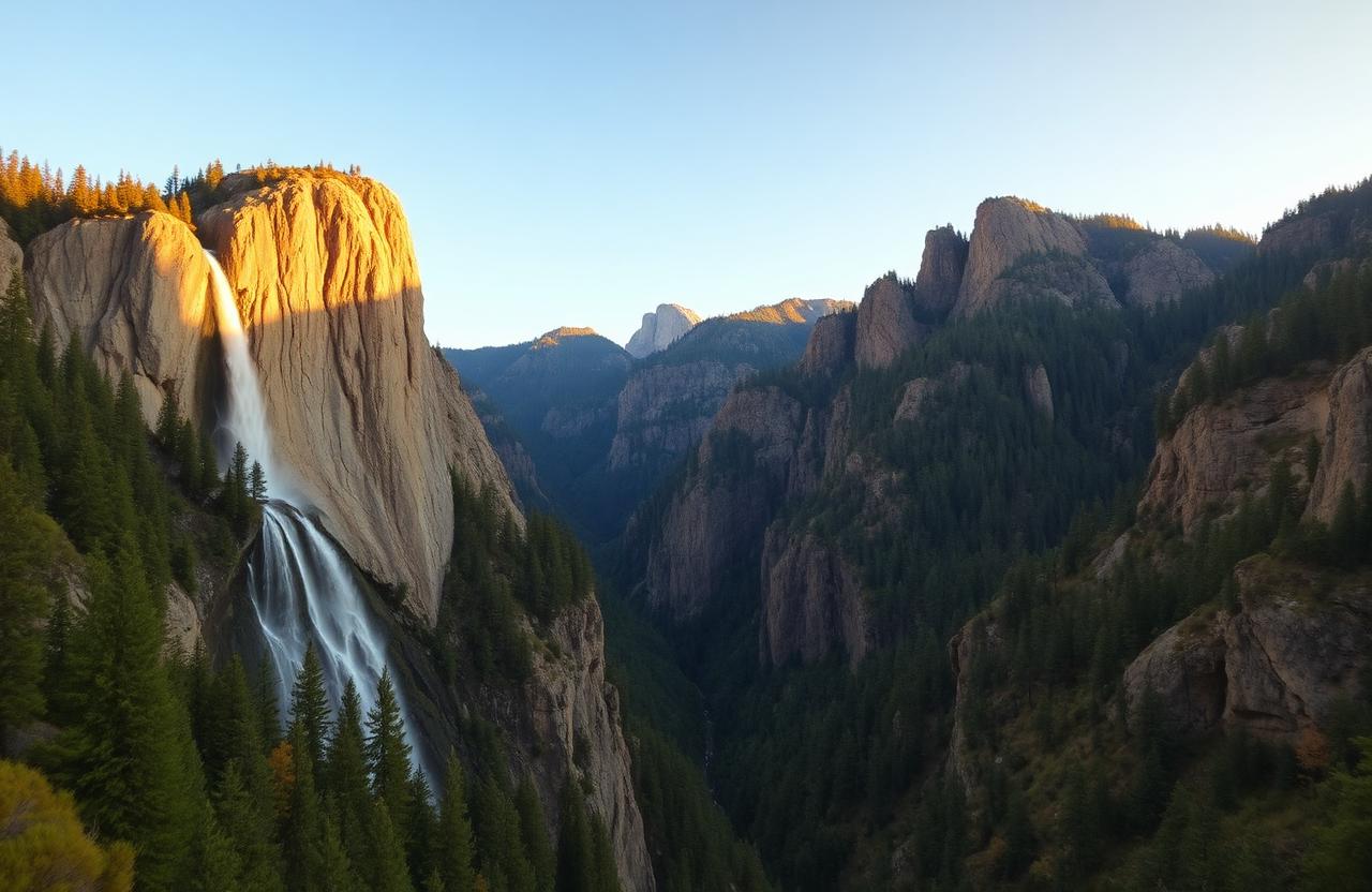 Paisaje de la Sierra Tarahumara con una cascada y montañas.